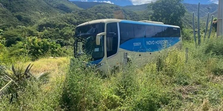 Com 20 passageiros a bordo, ônibus da Novo Horizonte perde freio e sai da pista na Serra das Almas em Rio de Contas